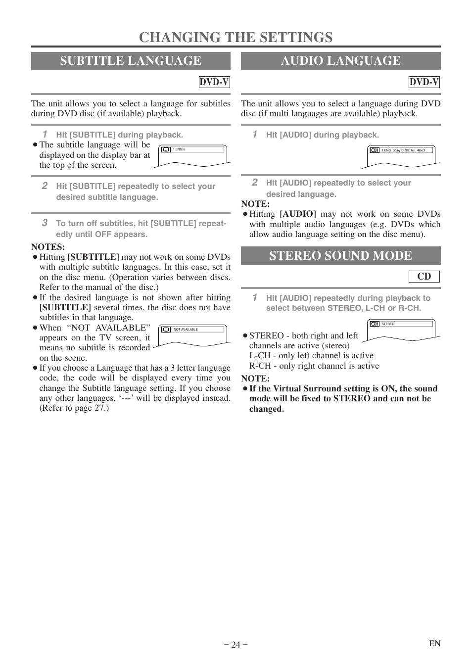 Changing the settings, Audio language, Stereo sound mode | Subtitle language | FUNAI MWC13D5 A User Manual | Page 24 / 40