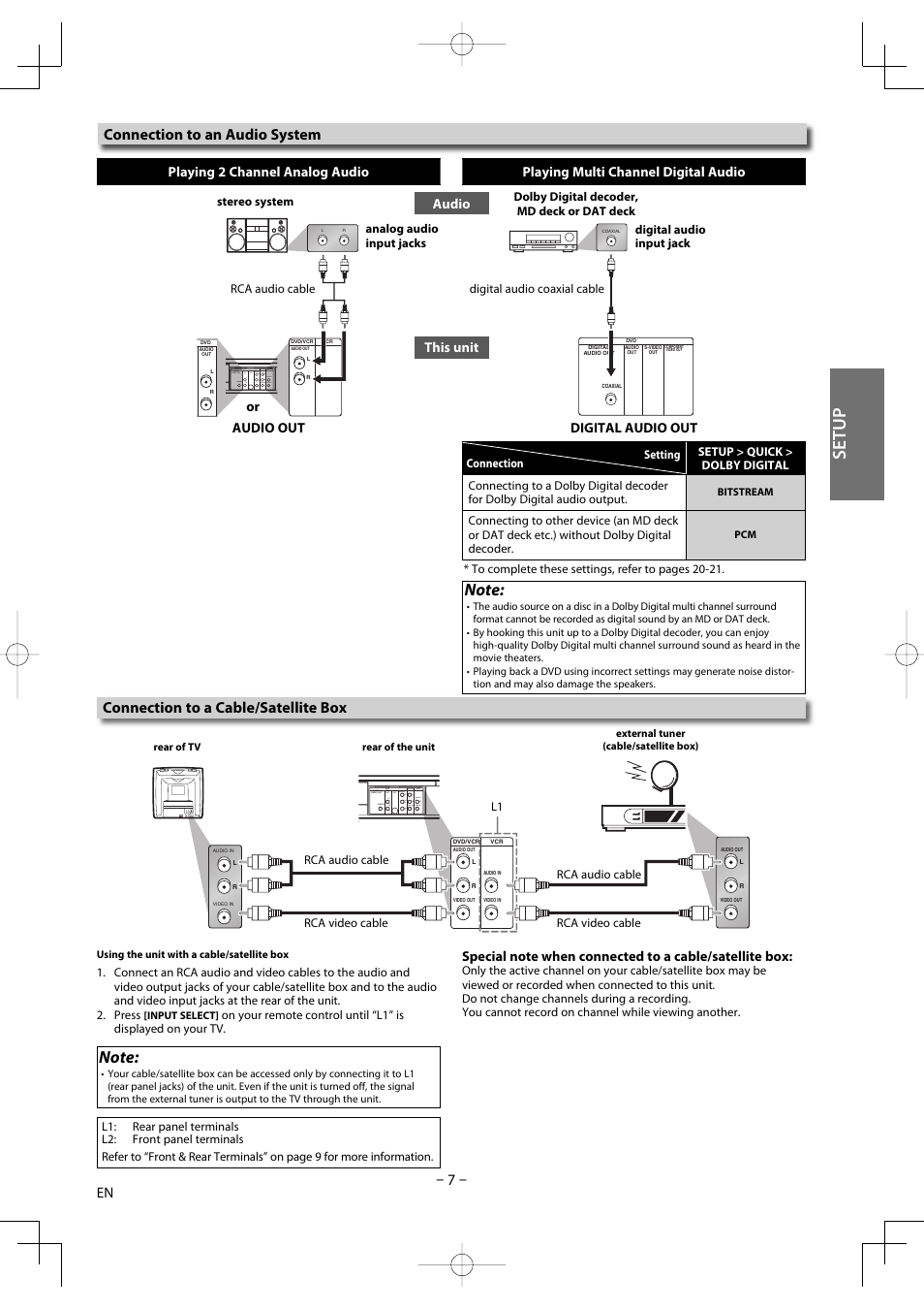Setup, Connection to an audio system, Connection to a cable/satellite box | FUNAI DV220TT8 User Manual | Page 7 / 28