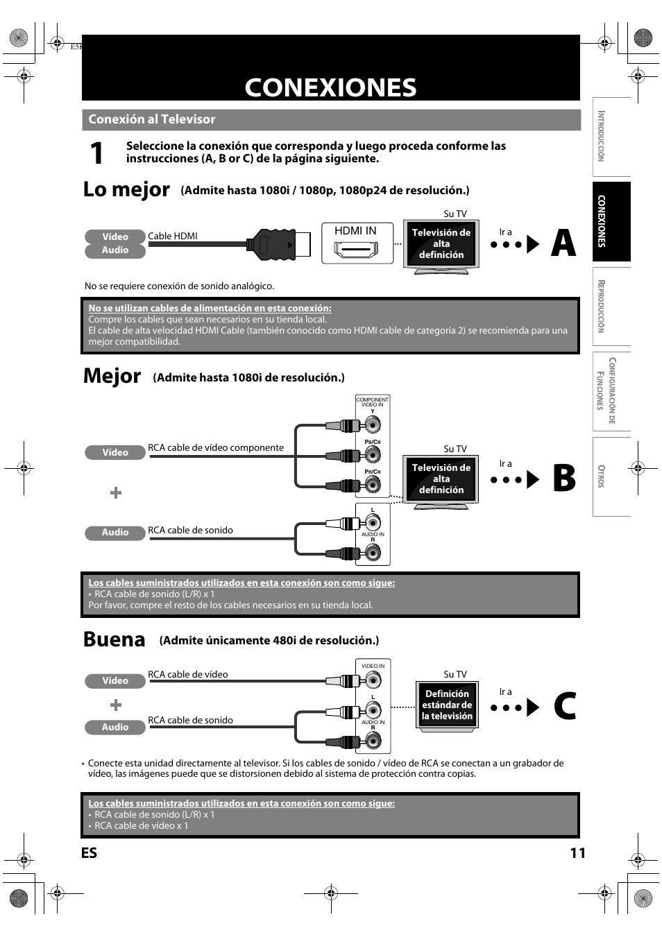 Conexiones, Conexión al televisor, Lo mejor | Mejor, Buena, 11 es | FUNAI Blu-ray NB530SLX User Manual | Page 113 / 150