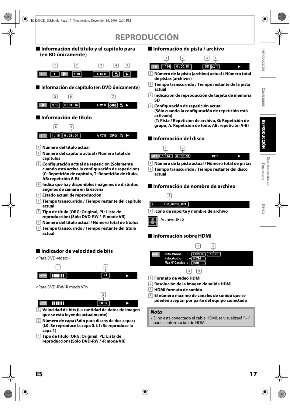 Reproducción, 17 es, S información sobre hdmi | Nota | FUNAI Blu-ray NB530SLX User Manual | Page 119 / 150