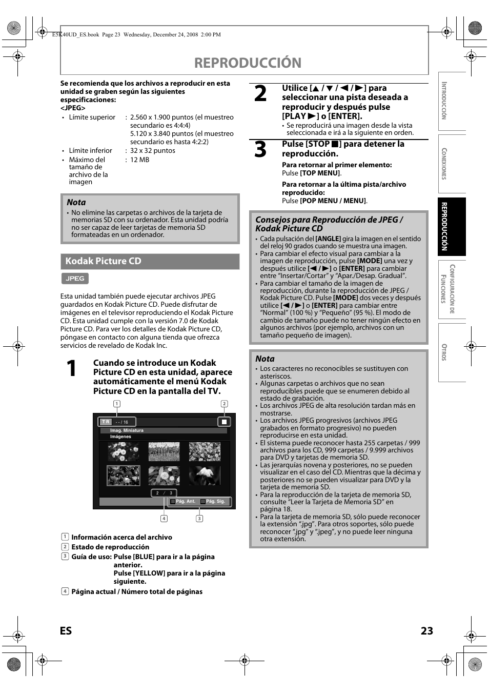 Kodak picture cd, Reproducción, 23 es | FUNAI Blu-ray NB530SLX User Manual | Page 125 / 150