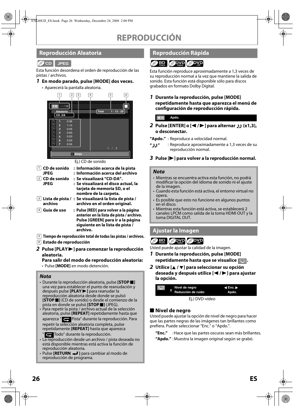 Reproducción, 26 es, Reproducción aleatoria | Reproducción rápida, Ajustar la imagen, S nivel de negro, Nota | FUNAI Blu-ray NB530SLX User Manual | Page 128 / 150