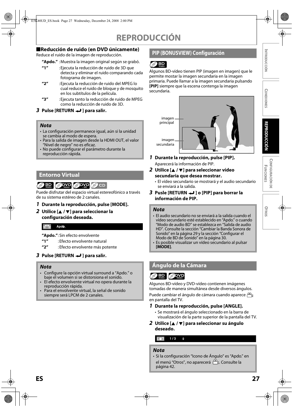 Reproducción, 27 es, Entorno virtual | Pi p (bonusview) configuración, Ángulo de la cámara | FUNAI Blu-ray NB530SLX User Manual | Page 129 / 150