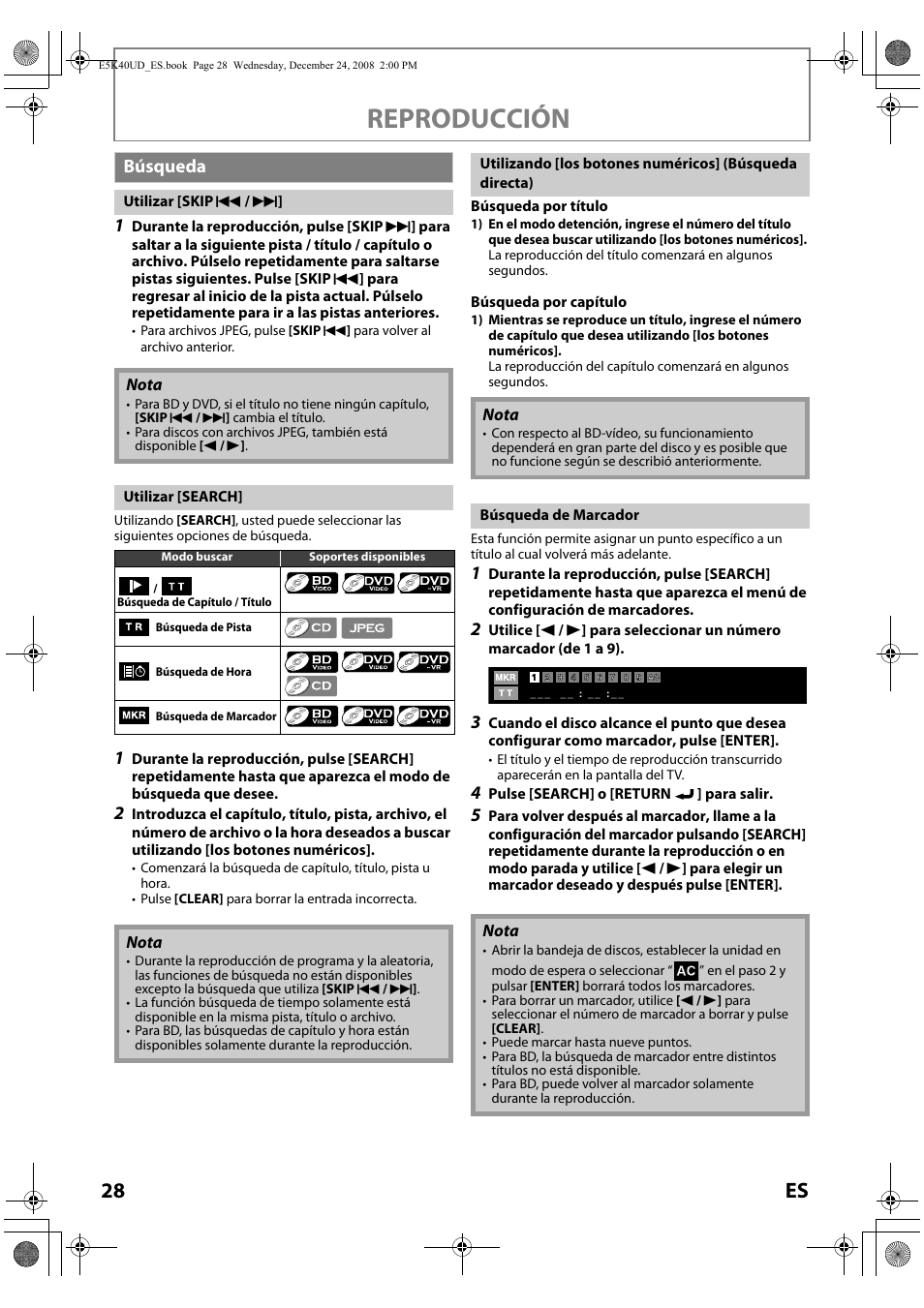 Búsqueda, Reproducción, 28 es | FUNAI Blu-ray NB530SLX User Manual | Page 130 / 150