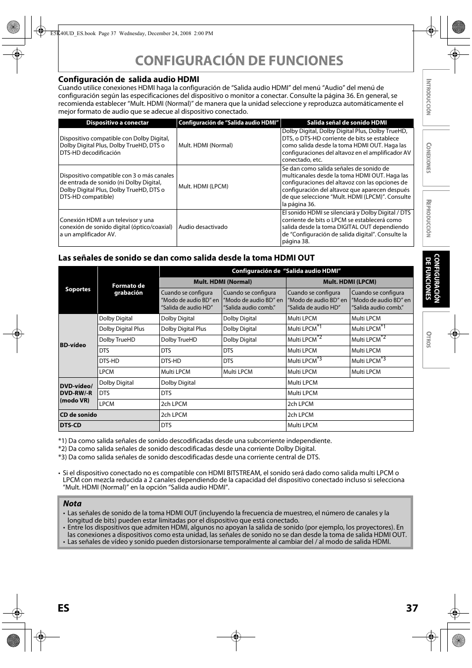 Sulte “las señales de sonido se dan como salida, Configuración de funciones, 37 es | Configuración de salida audio hdmi, Nota | FUNAI Blu-ray NB530SLX User Manual | Page 139 / 150