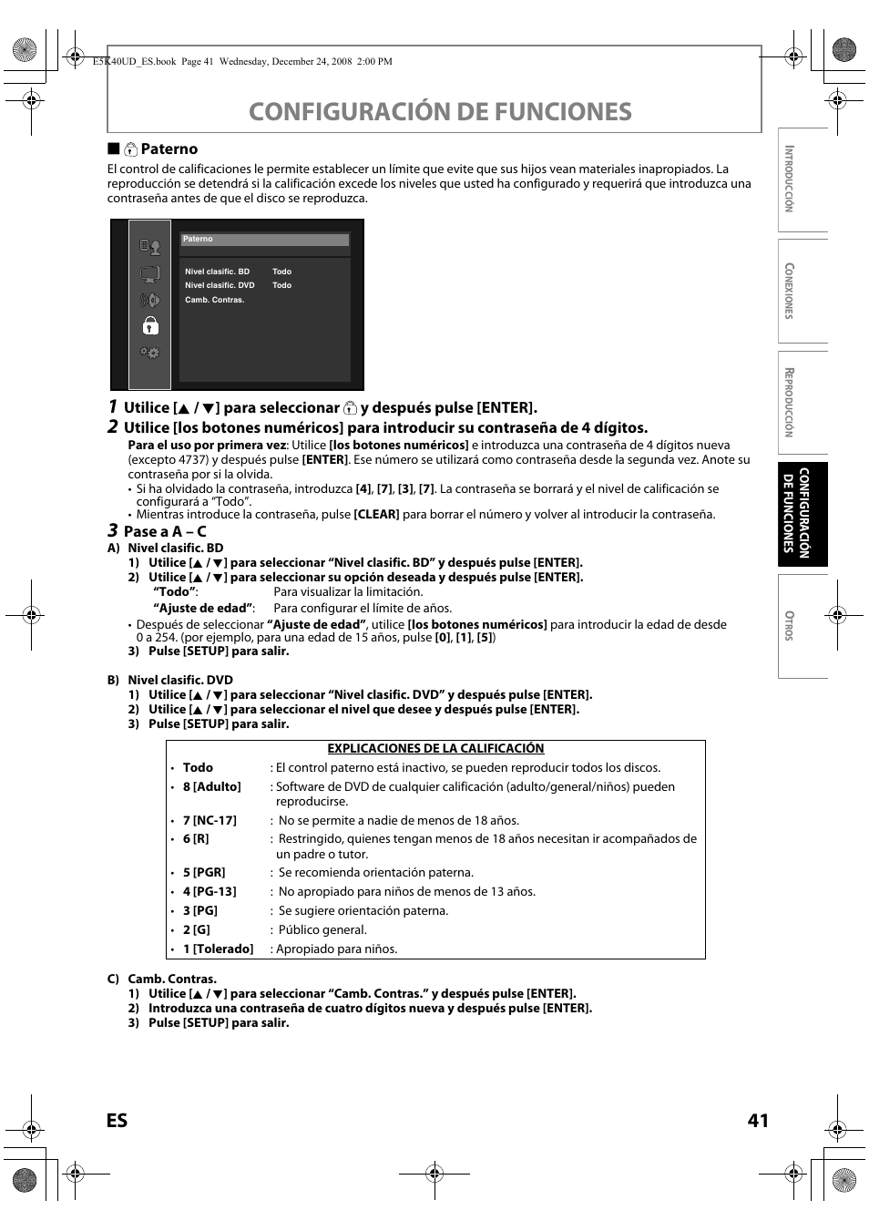 Paterno, Configuración de funciones, 41 es | FUNAI Blu-ray NB530SLX User Manual | Page 143 / 150