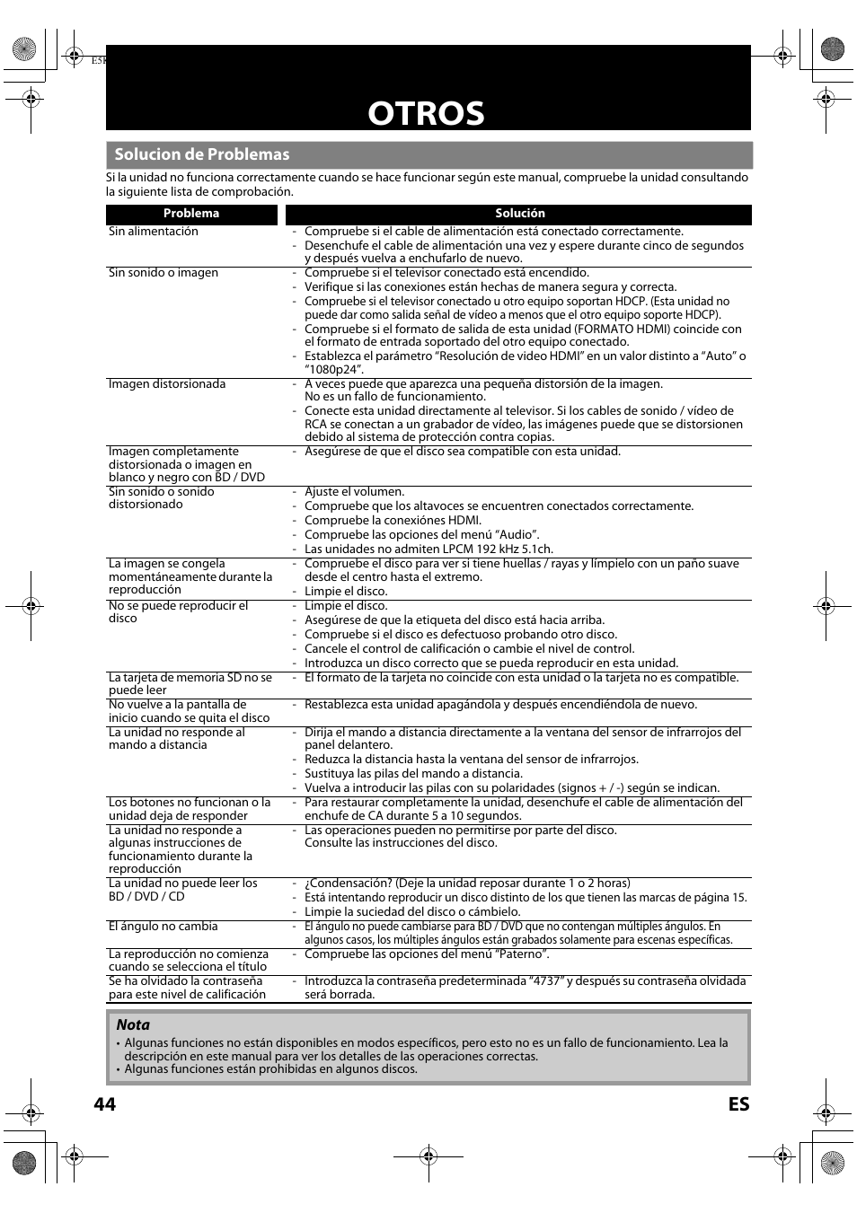 Otros, Solucion de problemas, 44 es | FUNAI Blu-ray NB530SLX User Manual | Page 146 / 150