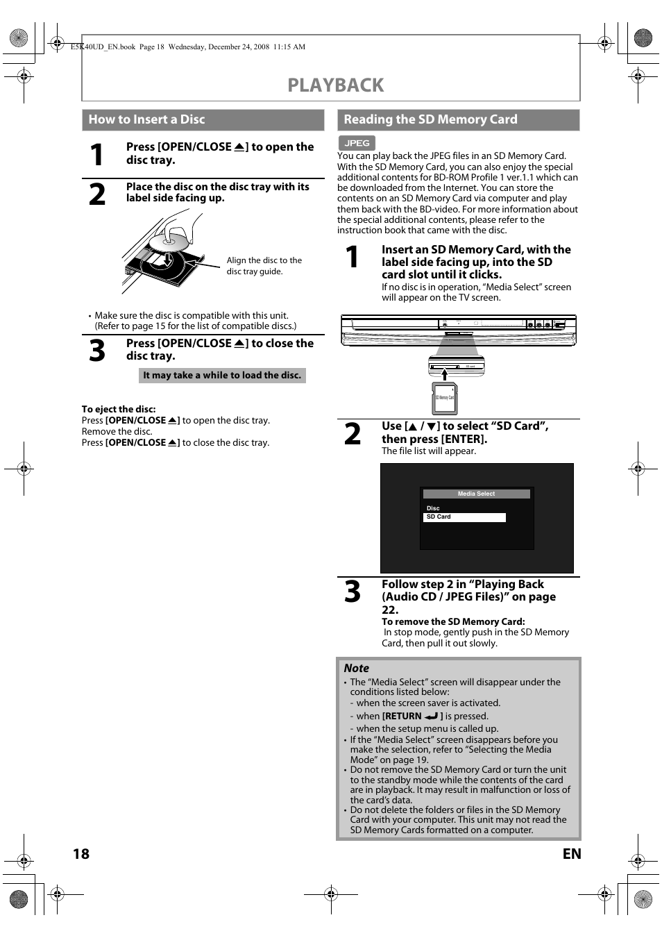 How to insert a disc reading the sd memory card, Playback, 18 en | FUNAI Blu-ray NB530SLX User Manual | Page 20 / 150