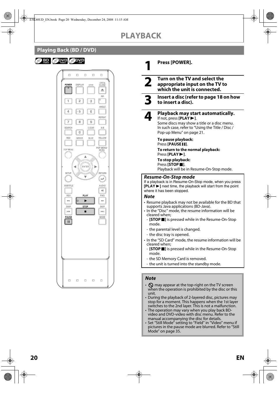 Playing back (bd / dvd), Playback, 20 en | FUNAI Blu-ray NB530SLX User Manual | Page 22 / 150