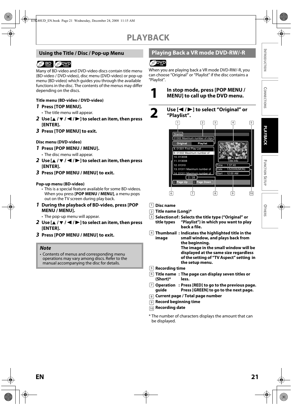 Playing back a vr mode dvd-rw/-r, Playback, 21 en | Use [ s / b ] to select “original” or “playlist | FUNAI Blu-ray NB530SLX User Manual | Page 23 / 150