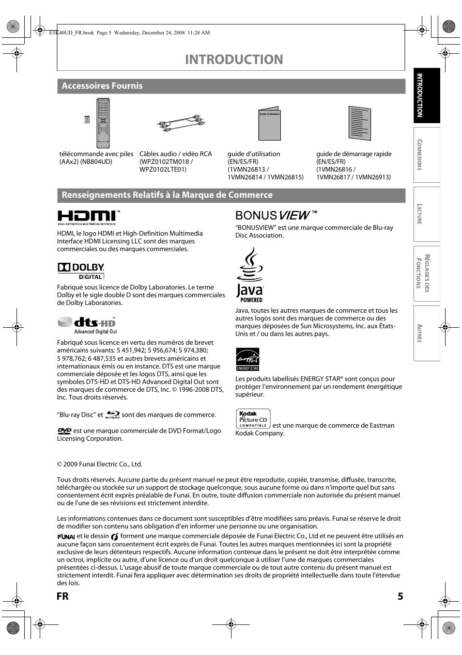 Introduction, Accessoires fournis, Renseignements relatifs à la marque de commerce | FUNAI Blu-ray NB530SLX User Manual | Page 57 / 150