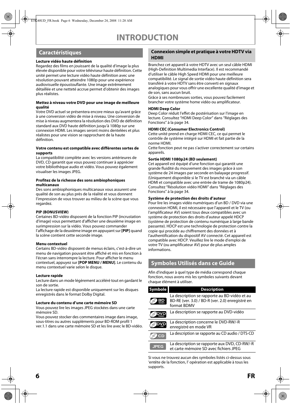 Caractéristiques symboles utilisés dans ce guide, Introduction, Caractéristiques | Symboles utilisés dans ce guide | FUNAI Blu-ray NB530SLX User Manual | Page 58 / 150