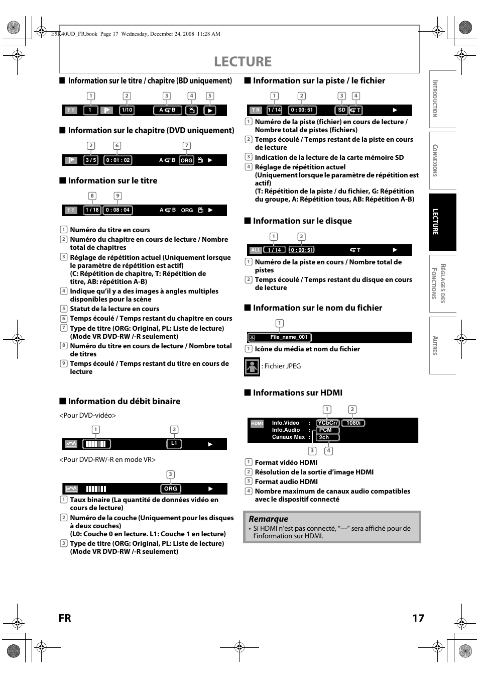 Lecture, 17 fr, S informations sur hdmi | Remarque | FUNAI Blu-ray NB530SLX User Manual | Page 69 / 150