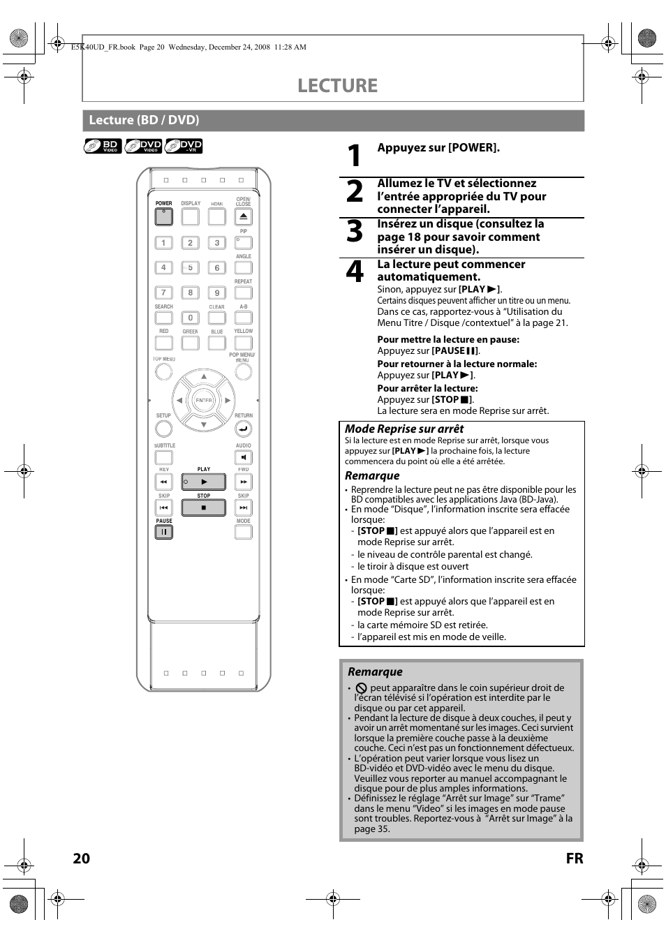 Lecture (bd / dvd), Lecture, 20 fr | FUNAI Blu-ray NB530SLX User Manual | Page 72 / 150