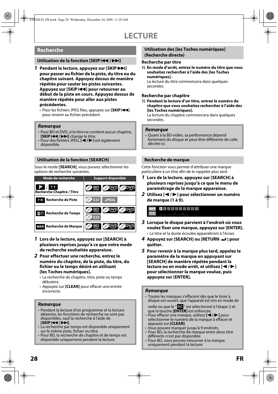 Recherche, Lecture, 28 fr | FUNAI Blu-ray NB530SLX User Manual | Page 80 / 150