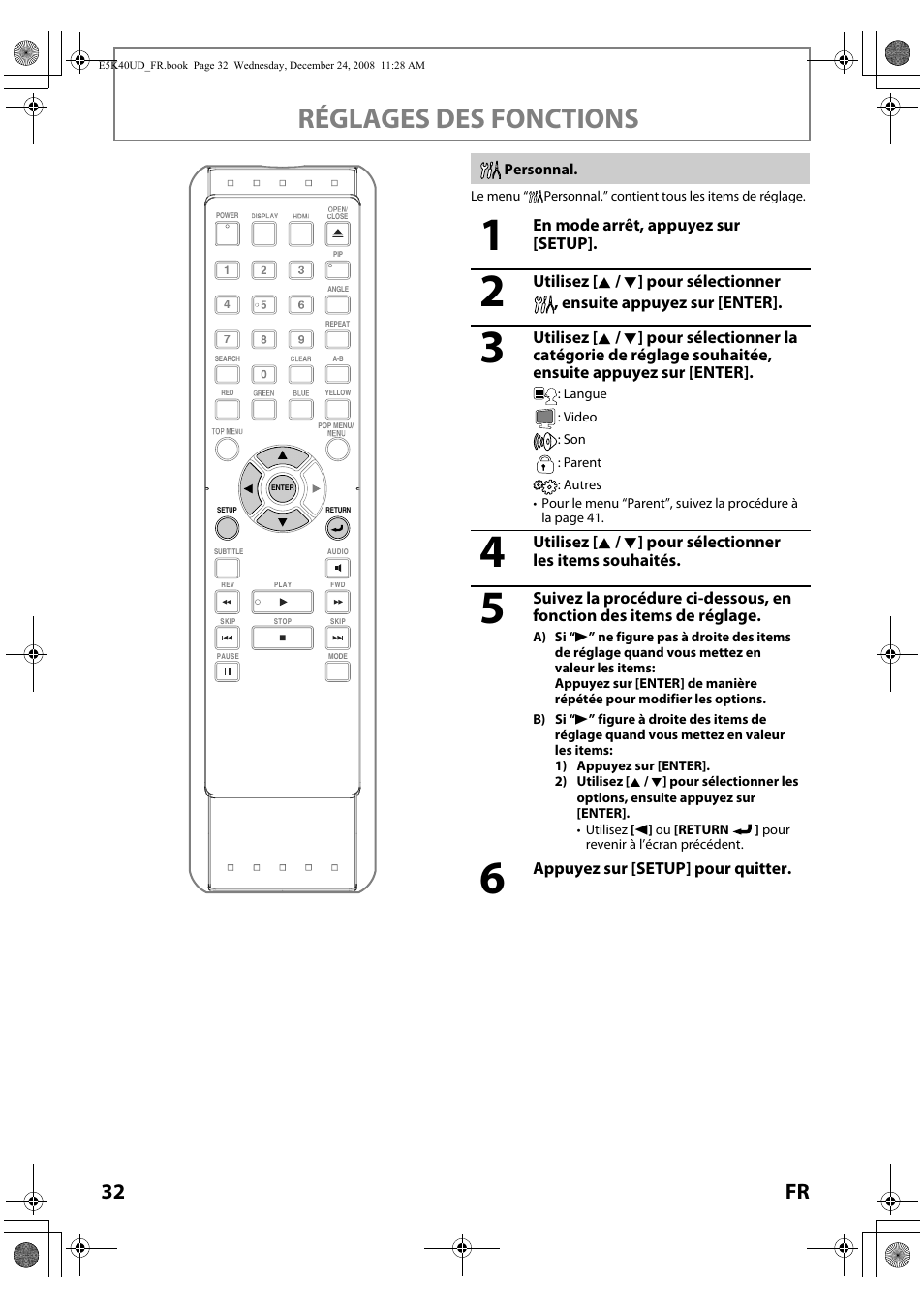 Personnal, Réglages des fonctions, 32 fr | FUNAI Blu-ray NB530SLX User Manual | Page 84 / 150