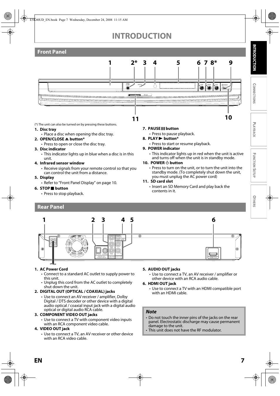 Front panel rear panel, Introduction, Front panel | Rear panel | FUNAI Blu-ray NB530SLX User Manual | Page 9 / 150