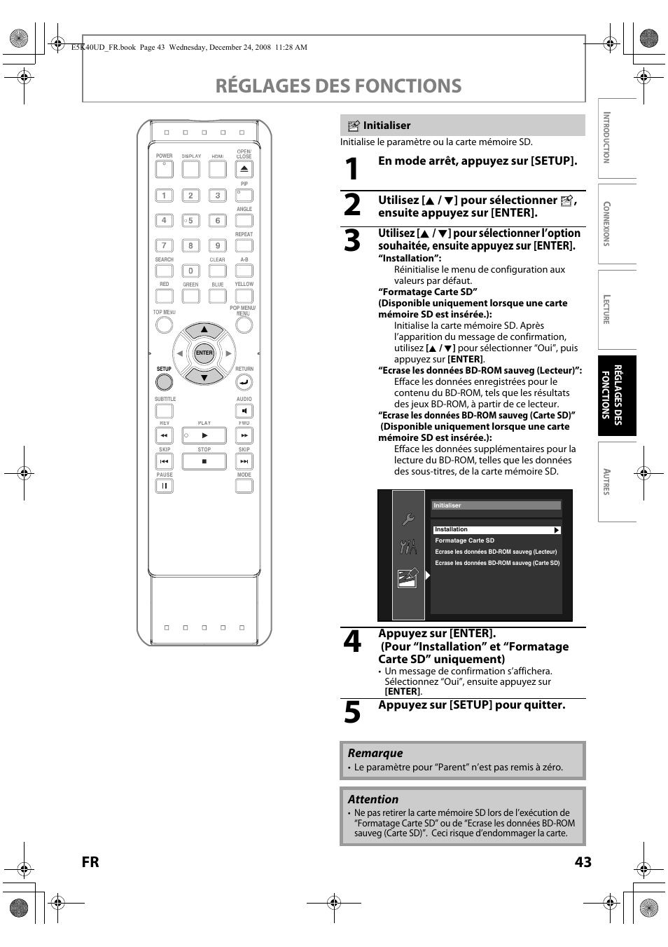 Initialiser, Réglages des fonctions, 43 fr | FUNAI Blu-ray NB530SLX User Manual | Page 95 / 150