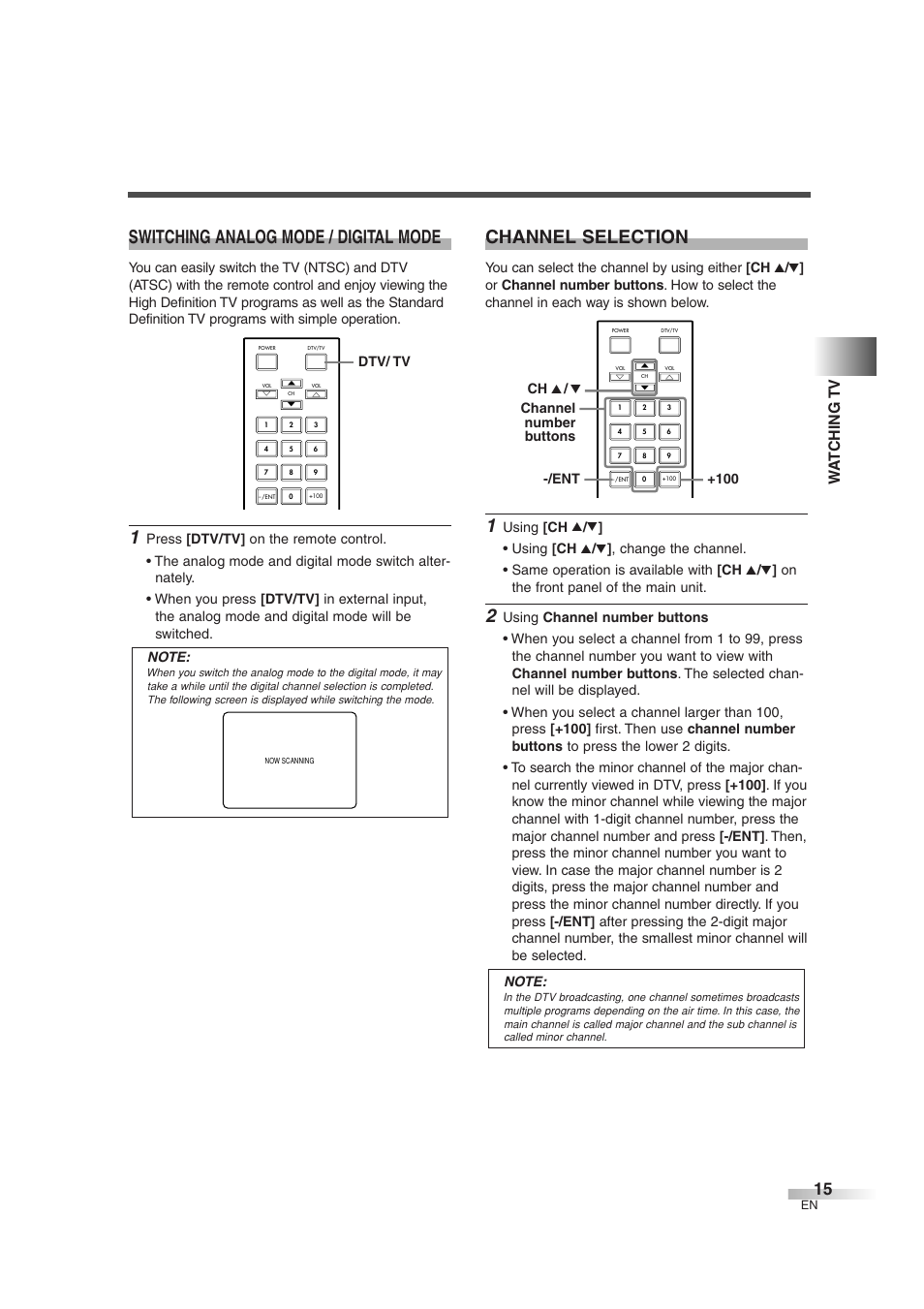 Switching analog mode / digital mode, Channel selection, Wa t ching tv | Dtv/ tv, Ent channel number buttons ch k / l +100 | FUNAI IWT3206 User Manual | Page 15 / 76