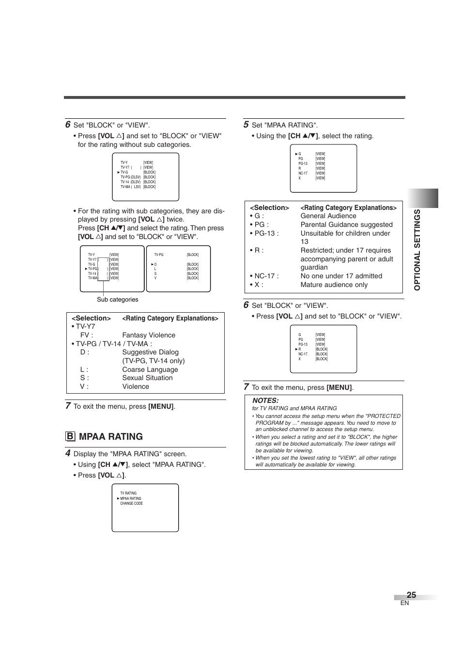B mpaa rating, Optional settings | FUNAI IWT3206 User Manual | Page 25 / 76