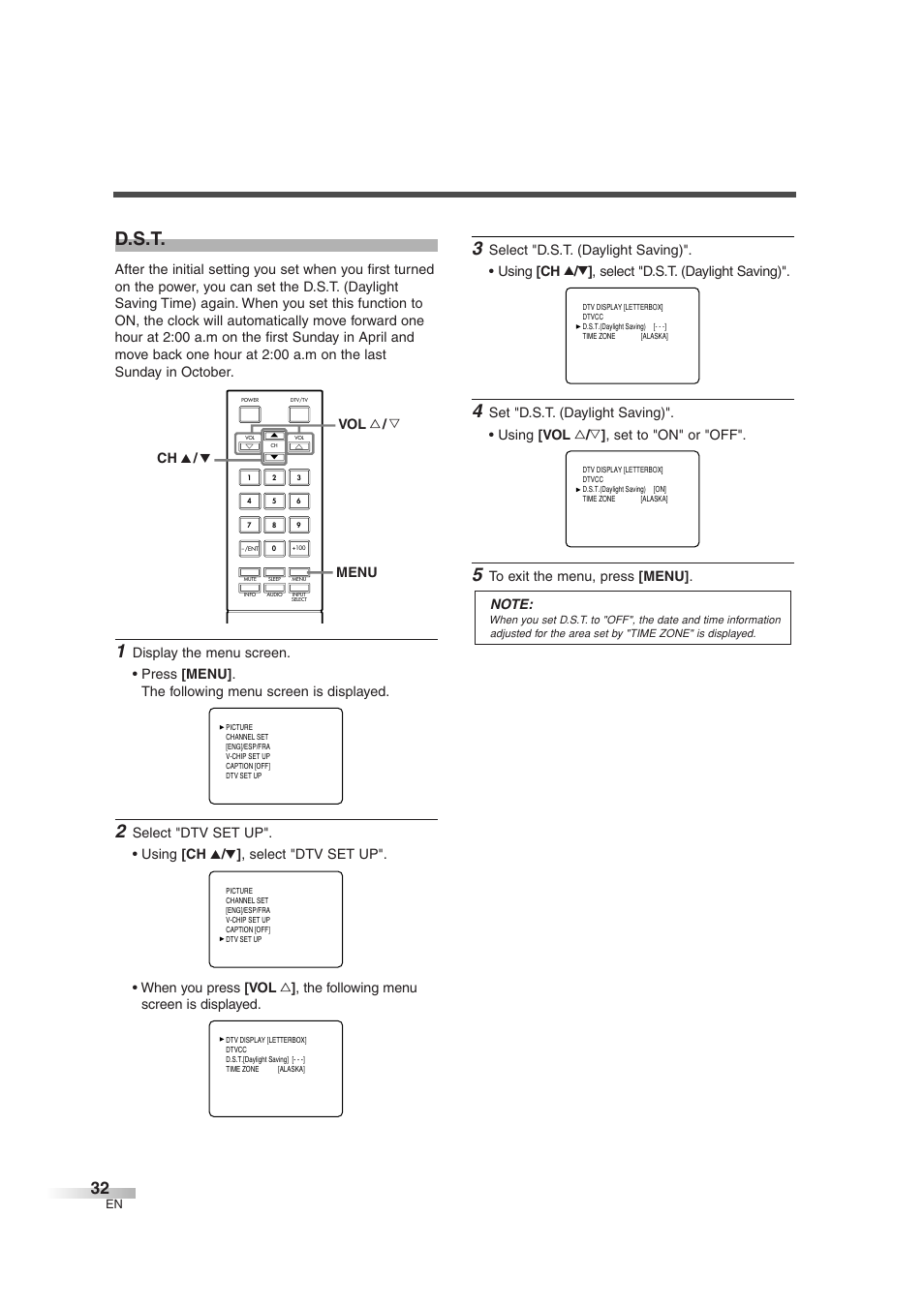 D.s.t, Menu ch k / l vol x / y | FUNAI IWT3206 User Manual | Page 32 / 76