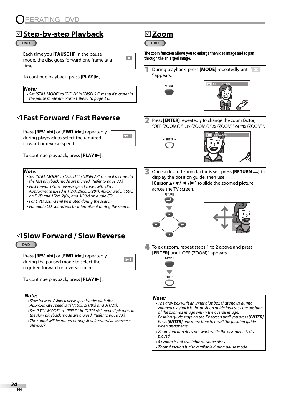 Perating dvd, Step-by-step playback, Fast forward / fast reverse | Slow forward / slow reverse, 5zoom | FUNAI V7PFDVD20 User Manual | Page 24 / 44