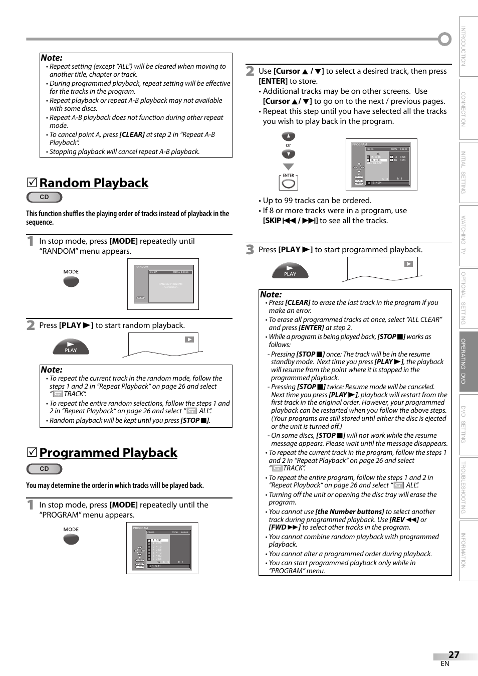 Random playback, Programmed playback, Press [play b ] to start random playback | Press [play b ] to start programmed playback | FUNAI V7PFDVD20 User Manual | Page 27 / 44