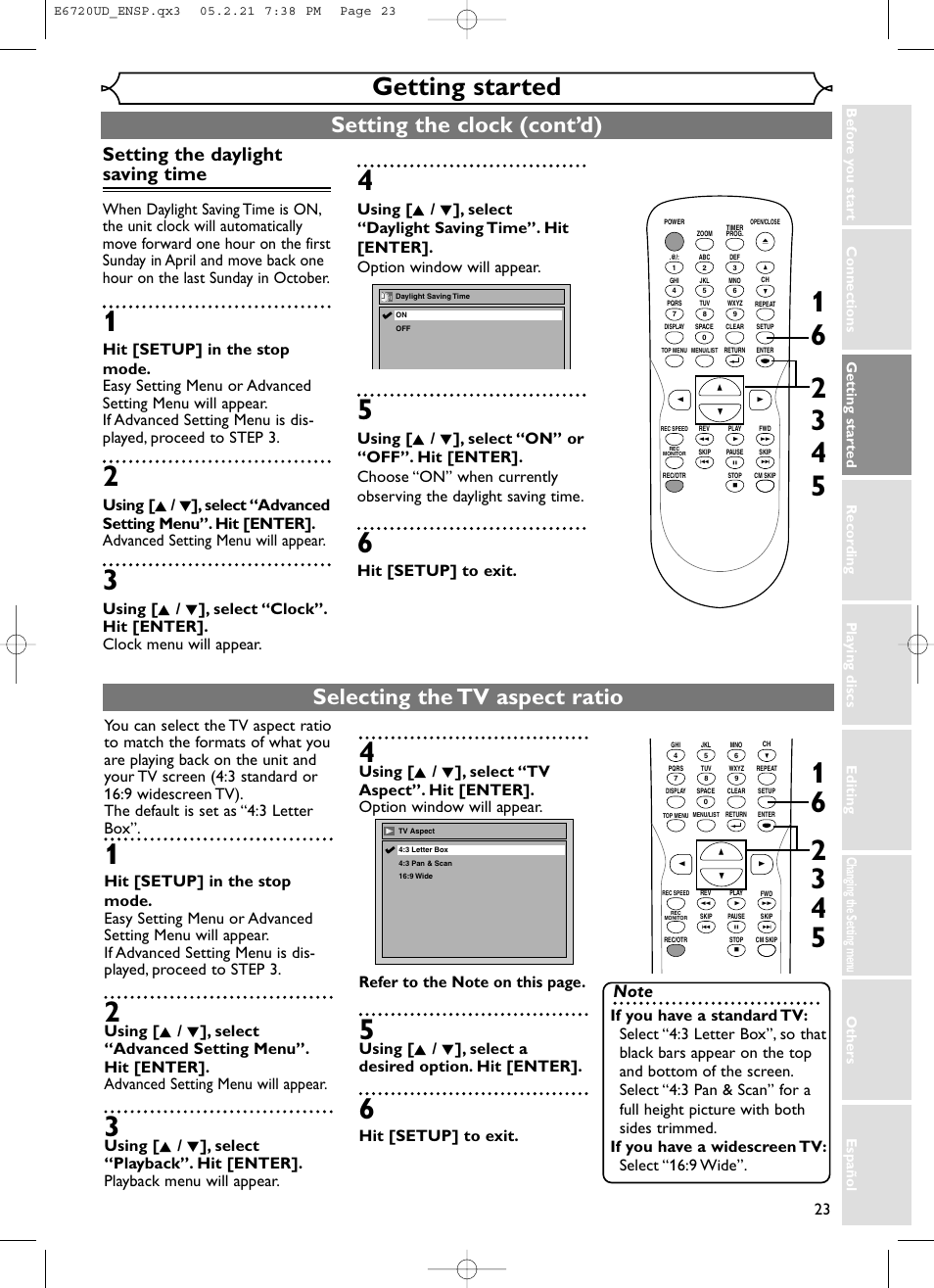 Getting started, Setting the clock (cont’d), Selecting the tv aspect ratio | Setting the daylight saving time, Hit [setup] to exit | FUNAI EWR10D5 User Manual | Page 25 / 82