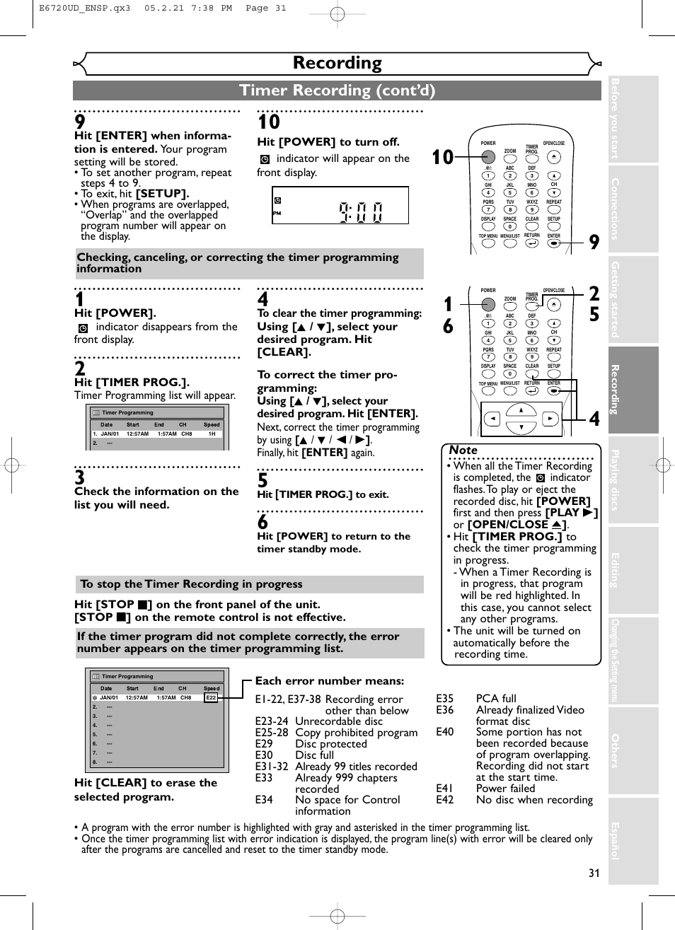 Recording, Timer recording (cont’d) | FUNAI EWR10D5 User Manual | Page 33 / 82