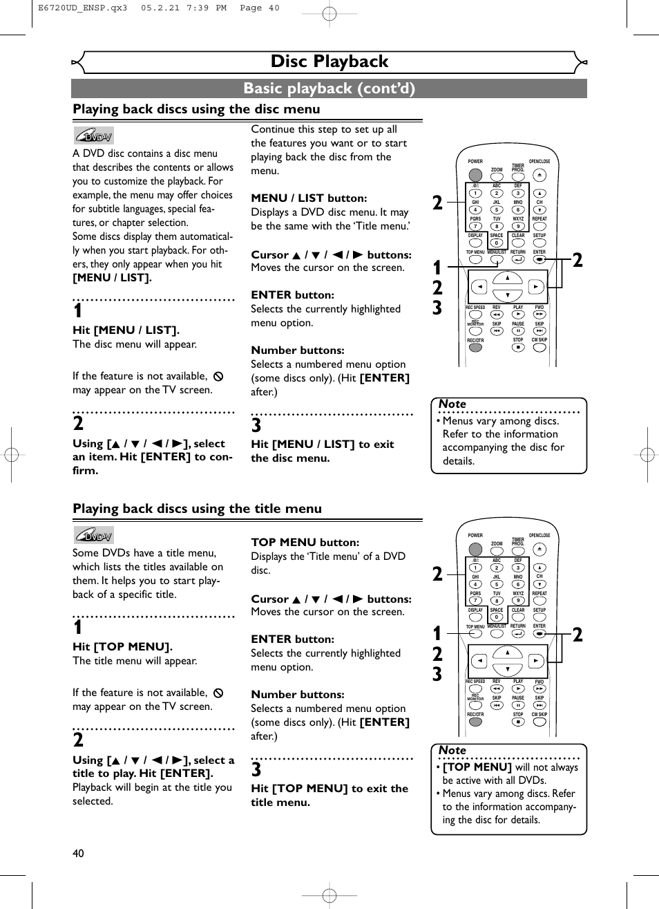 Disc playback, Basic playback (cont’d), Playing back discs using the disc menu | Playing back discs using the title menu, Hit [menu / list] to exit the disc menu, Hit [top menu] to exit the title menu | FUNAI EWR10D5 User Manual | Page 42 / 82