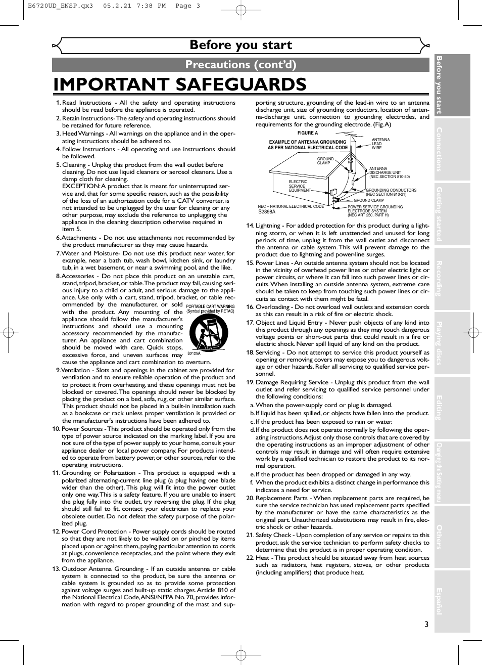 Important safeguards, Before you start, Precautions (cont’d) | FUNAI EWR10D5 User Manual | Page 5 / 82