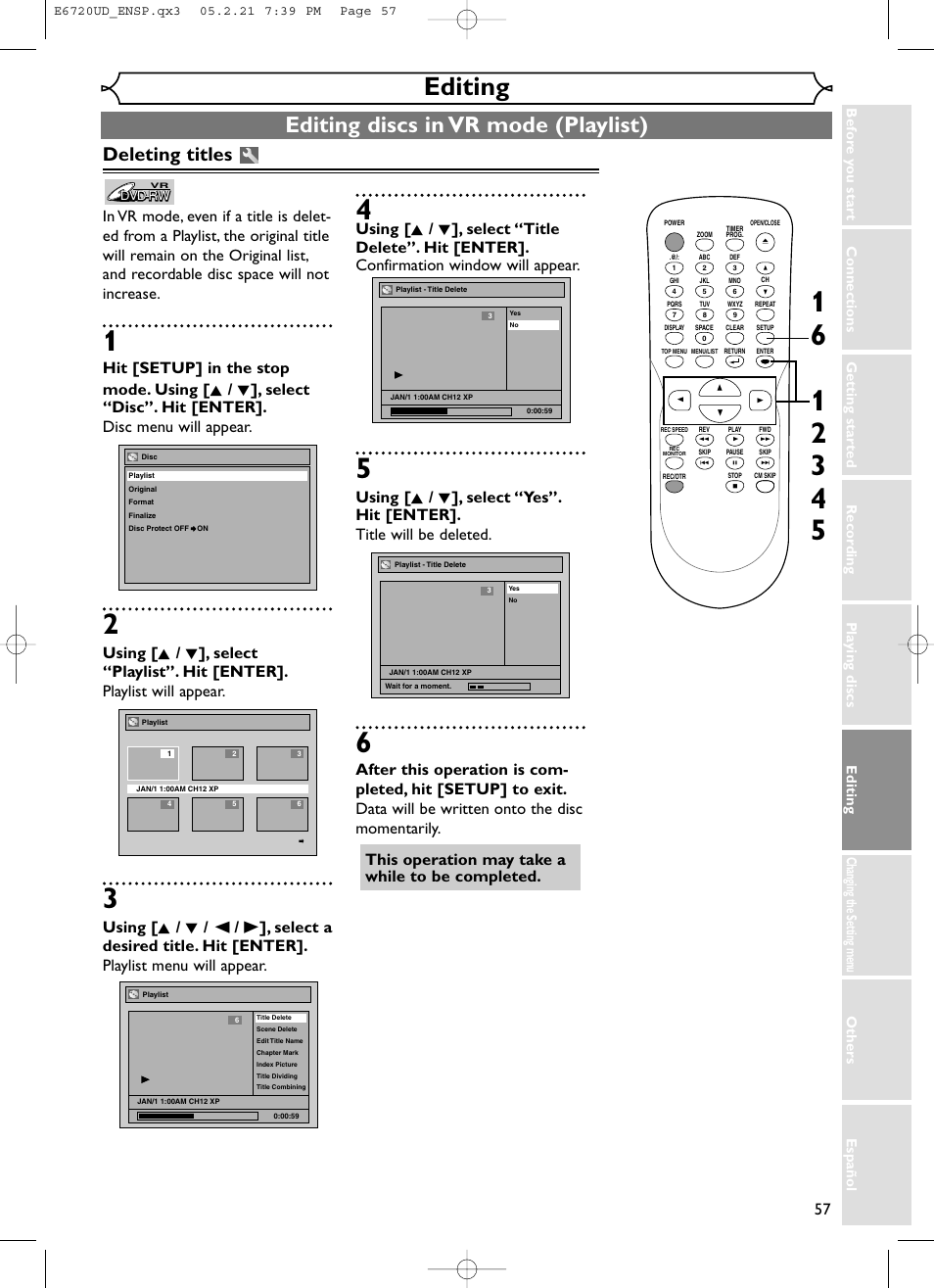 Editing, Editing discs in vr mode (playlist), Deleting titles | FUNAI EWR10D5 User Manual | Page 59 / 82