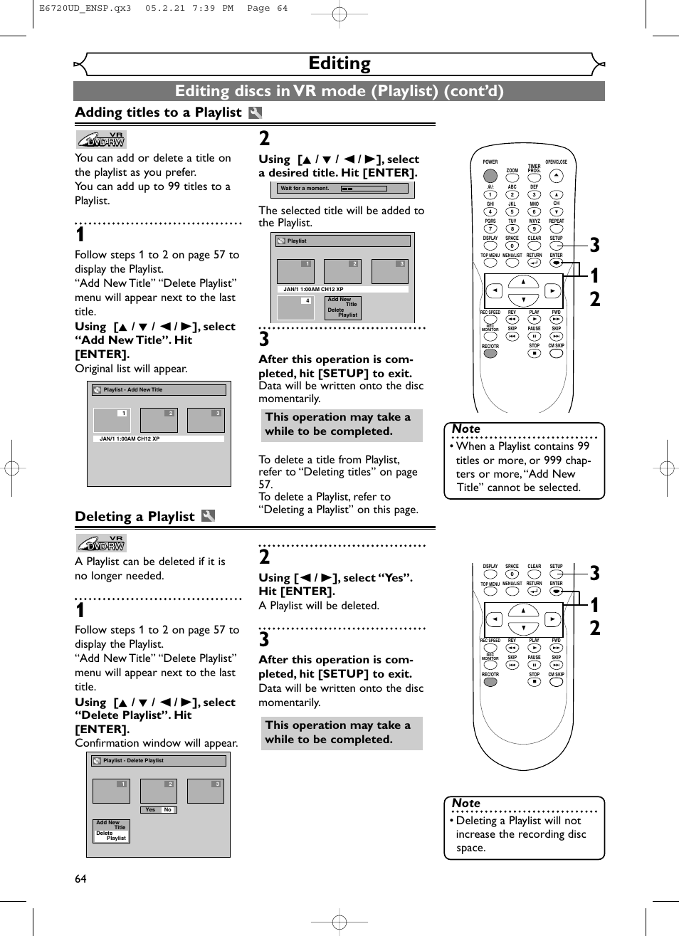 Editing, Editing discs in vr mode (playlist) (cont’d), Adding titles to a playlist | Deleting a playlist | FUNAI EWR10D5 User Manual | Page 66 / 82