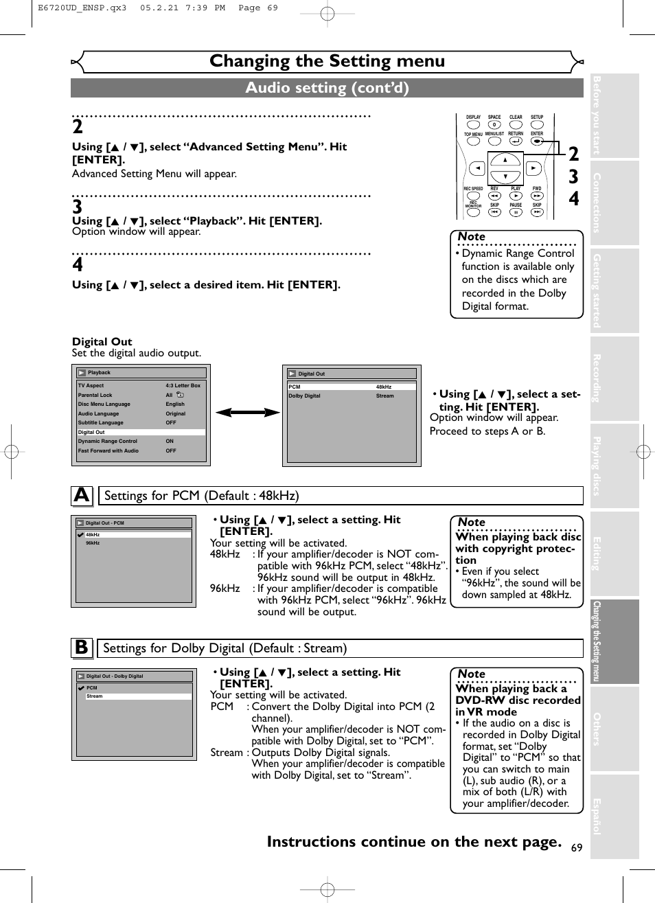 Changing the setting menu, Audio setting (cont’d), Instructions continue on the next page | Settings for dolby digital (default : stream), Settings for pcm (default : 48khz) | FUNAI EWR10D5 User Manual | Page 71 / 82