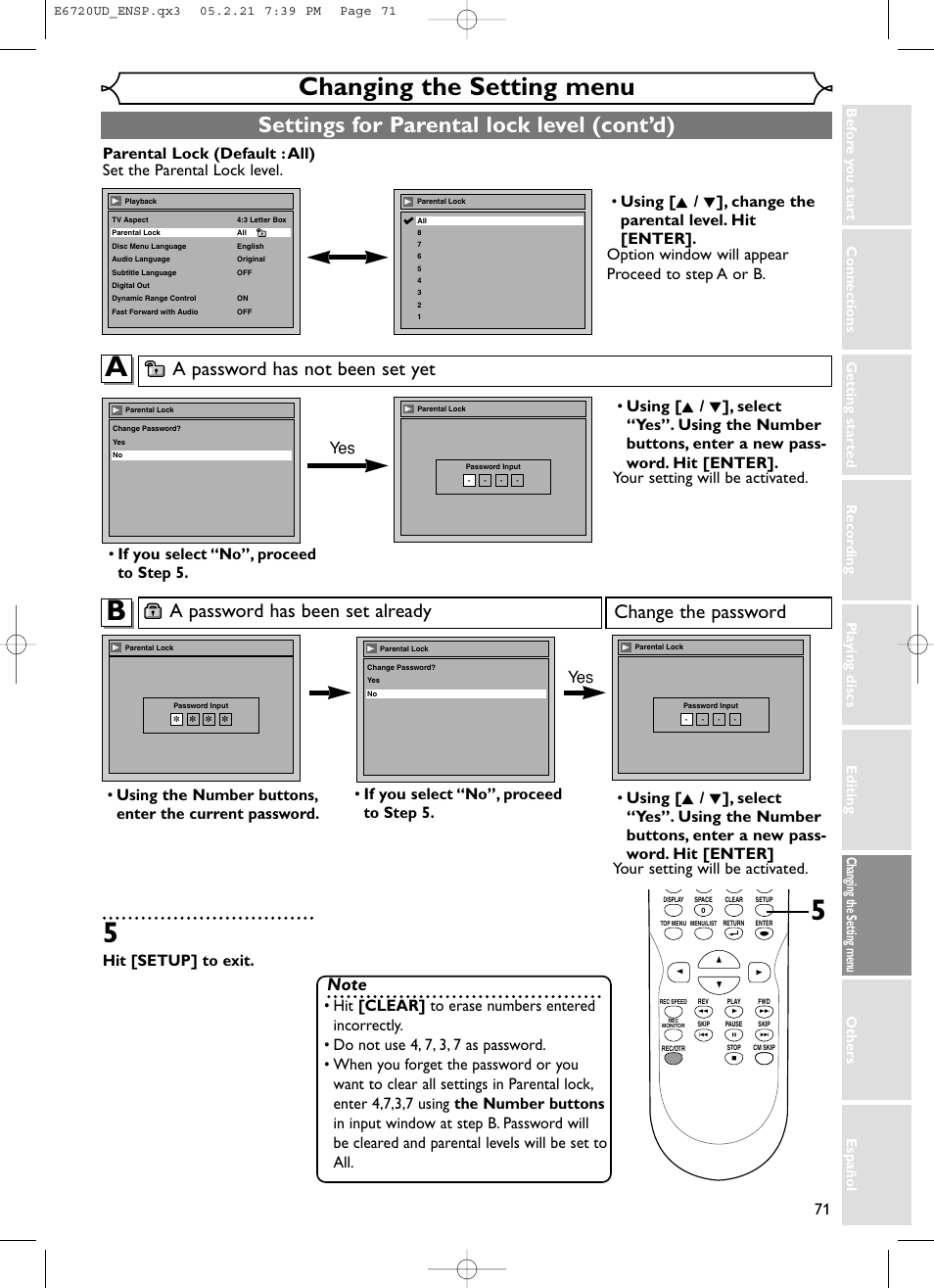 Changing the setting menu, Settings for parental lock level (cont’d), A password has not been set yet | A password has been set already, Change the password, Hit [setup] to exit | FUNAI EWR10D5 User Manual | Page 73 / 82