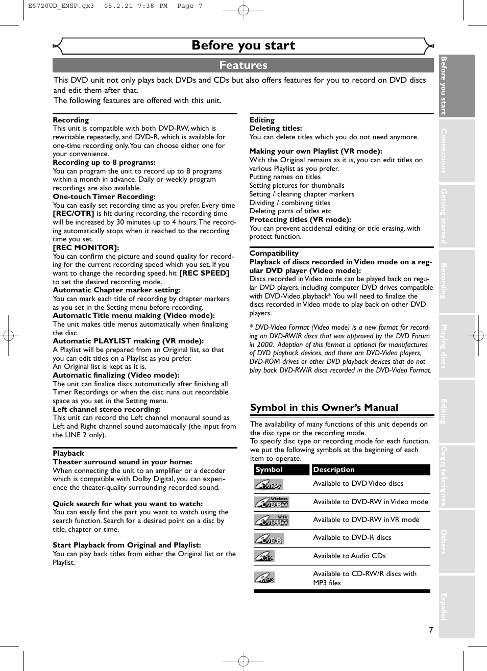 Before you start, Features, Symbol in this owner’s manual | FUNAI EWR10D5 User Manual | Page 9 / 82