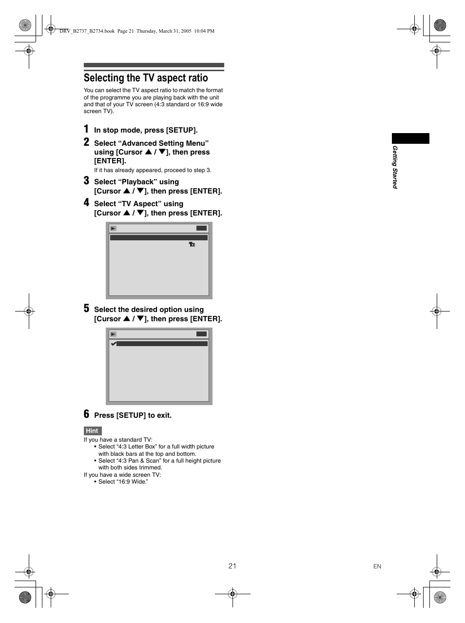 Selecting the tv aspect ratio, Press [setup] to exit | FUNAI DRV-B2734 User Manual | Page 21 / 76