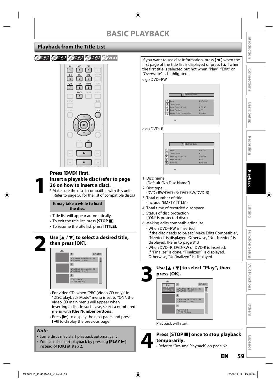 Basic playback, 59 en 59 en, Playback from the title list | FUNAI ZV457MG9 A User Manual | Page 61 / 110