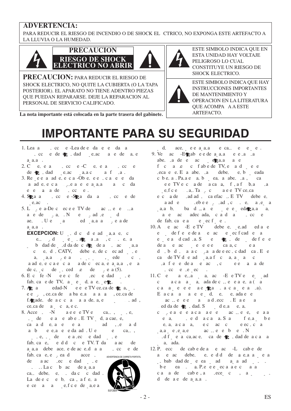 Importante para su seguridad, Advertencia, Precaucion | Precaucion riesgo de shock electrico no abrir | FUNAI F20LCTE User Manual | Page 18 / 48