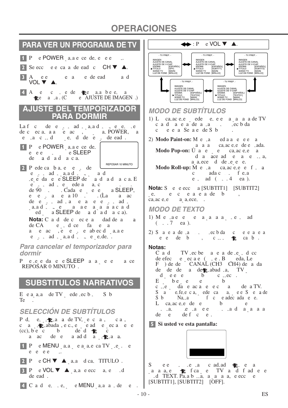Operaciones, Para ver un programa de tv, Modo de subtítulos | Modo de texto, Para cancelar el temporizador para dormir, Selección de subtítulos, Pulse vol ▼ o | FUNAI F20LCTE User Manual | Page 26 / 48