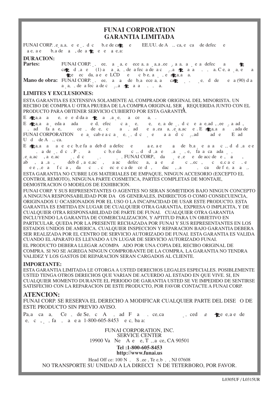 Funai corporation garantia limitada, Atencion | FUNAI F20LCTE User Manual | Page 32 / 48