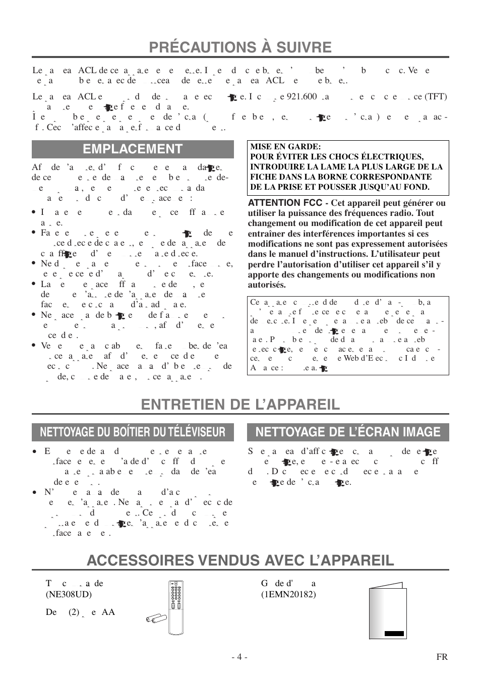 Précautions à suivre, Emplacement, Nettoyage du boítier du téléviseur | Nettoyage de l’écran image, 4 - fr | FUNAI F20LCTE User Manual | Page 36 / 48