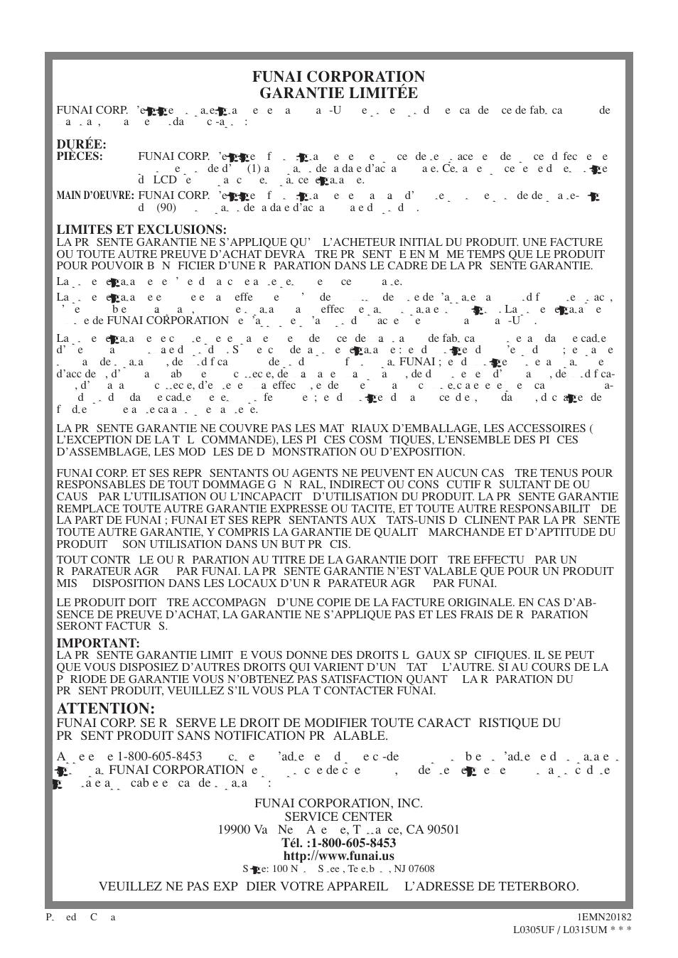 Funai corporation garantie limitée, Attention | FUNAI F20LCTE User Manual | Page 48 / 48