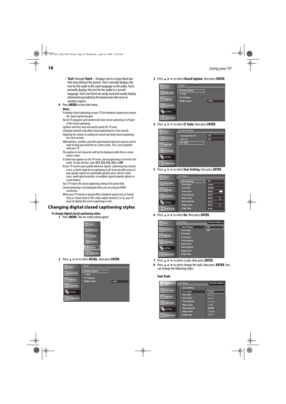 Changing digital closed captioning styles, Using your tv | FUNAI DX-LCD37-09 User Manual | Page 18 / 64
