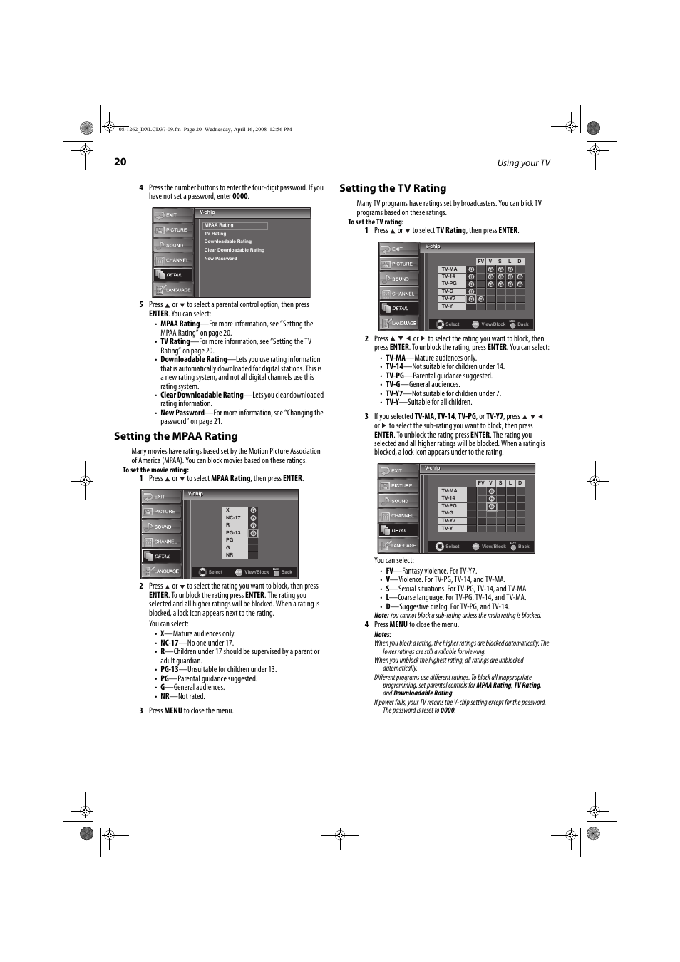 Setting the mpaa rating, Setting the tv rating, Using your tv | FUNAI DX-LCD37-09 User Manual | Page 20 / 64