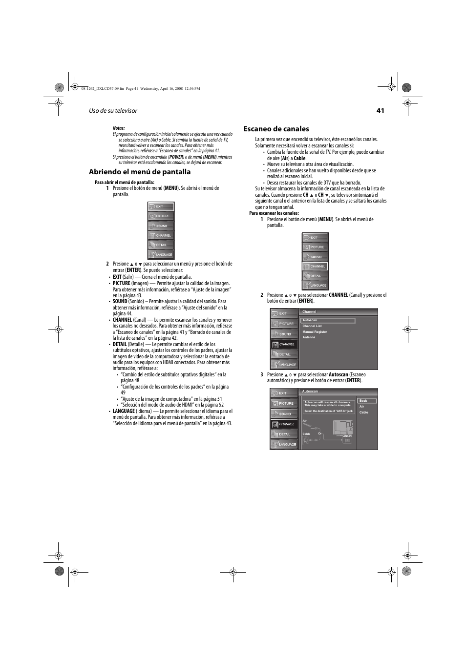 Abriendo el menú de pantalla, Escaneo de canales | FUNAI DX-LCD37-09 User Manual | Page 41 / 64