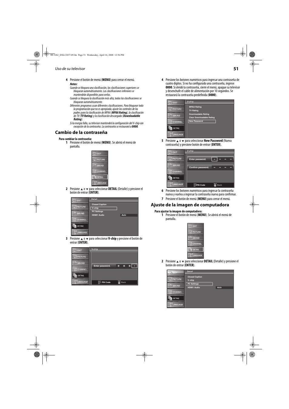 Cambio de la contraseña, Ajuste de la imagen de computadora | FUNAI DX-LCD37-09 User Manual | Page 51 / 64