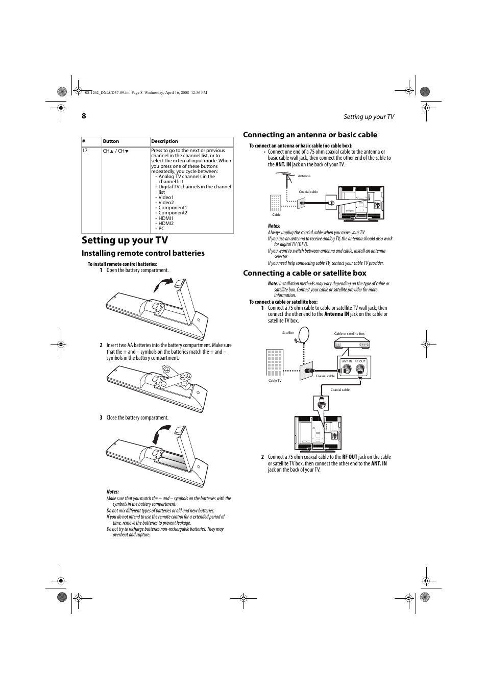 Setting up your tv, Installing remote control batteries, Connecting an antenna or basic cable | Connecting a cable or satellite box | FUNAI DX-LCD37-09 User Manual | Page 8 / 64