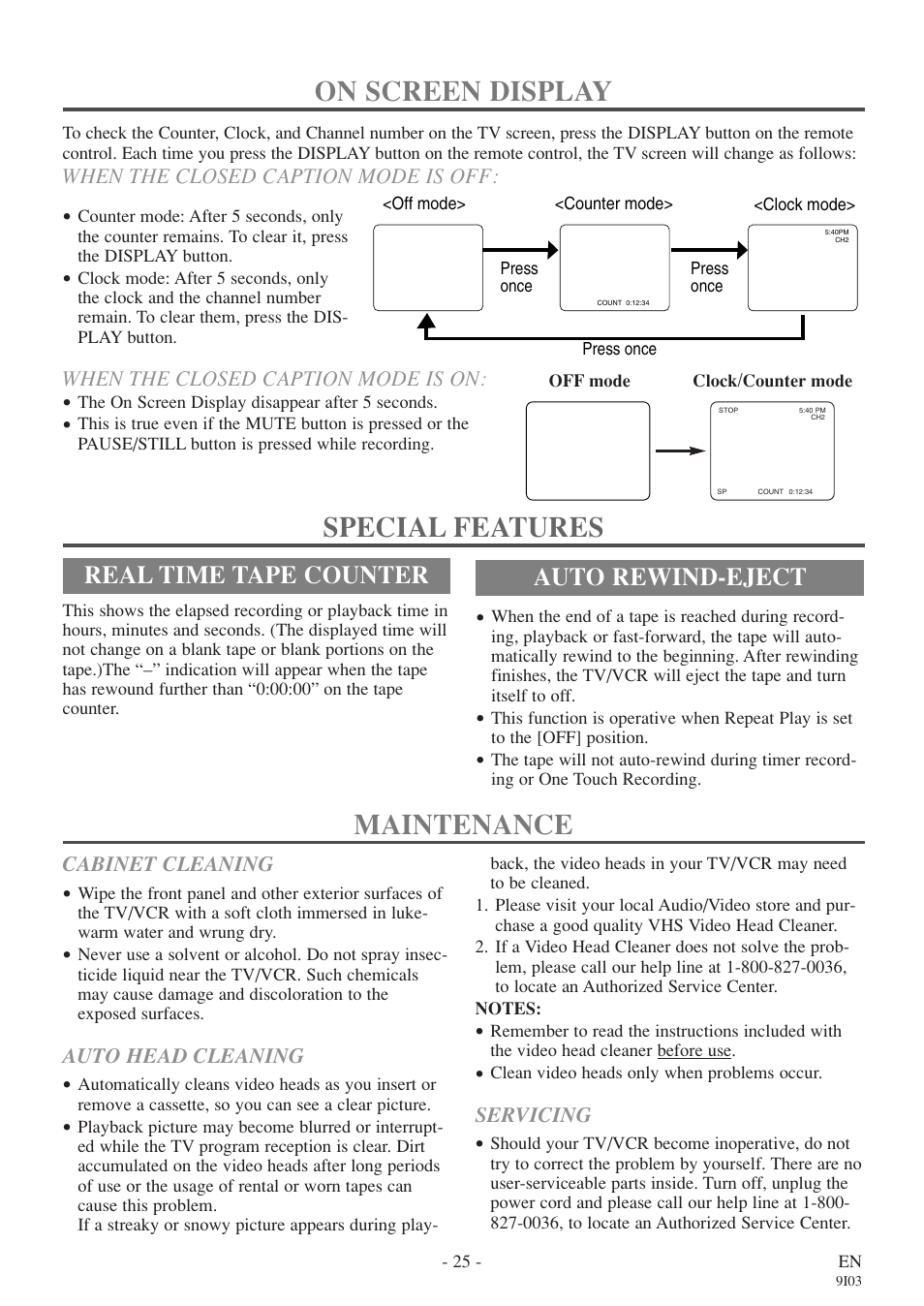 Maintenance, On screen display, Special features | Real time tape counter, Auto rewind-eject | FUNAI EC313E User Manual | Page 25 / 32