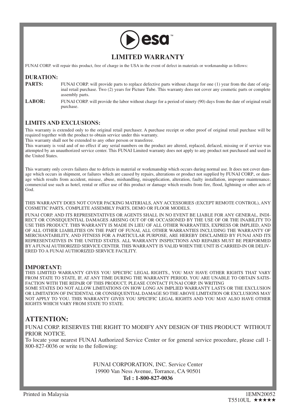 Limited warranty, Attention | FUNAI EC313E User Manual | Page 32 / 32